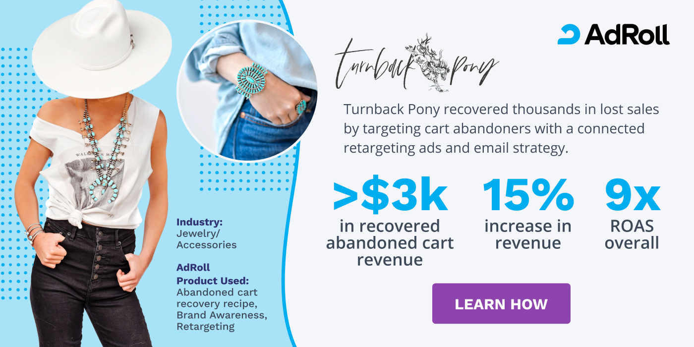 Turnback Pony recovered thousands in lost sales by targeting cart abandoners with a conntected ads and email strategy. >$3k in recovered cart revenue, 15% increase in revenue, 9x ROAS overall. 
