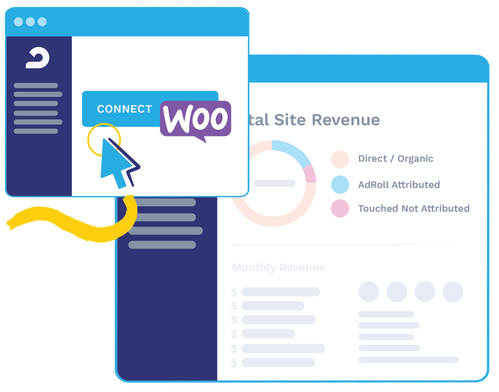 Two simplified UI illustrations showing a user clicking a button titled 'Connect to WooCommerce' in the first illustration, and revenue attributed to different sources being charted out in the second. 